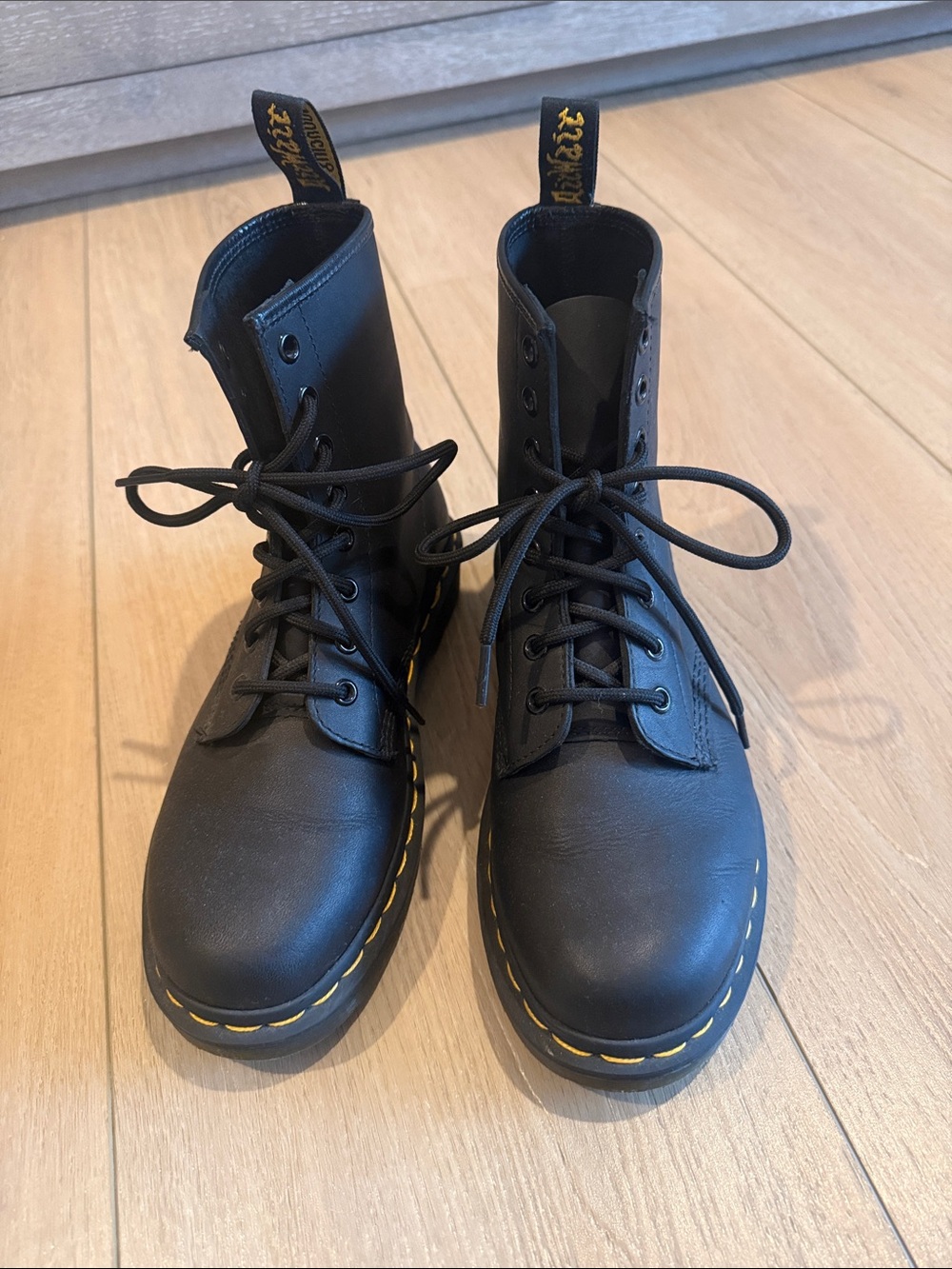 Dr. Martens Black Combat Boots with Yellow Stitching